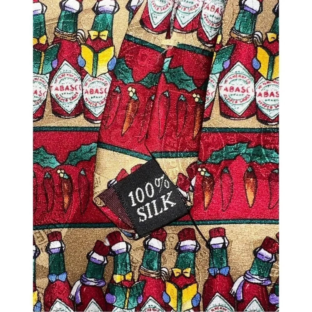 Tabasco Novelty Silk Neck Tie Caroling Holiday Bottles EUC